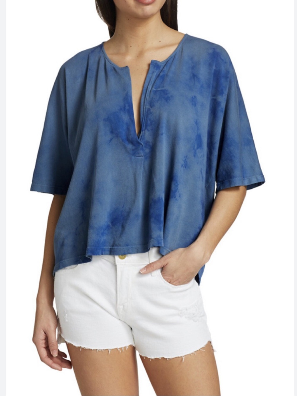Raquel Allegra Blue Tie Dye 100% Cotton Short Sleeve Henley Tee Top Sz. 0 (XS)